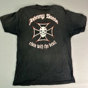 Vintage Y2K Johnny Suede Large Tee Shirt Biker Iron Cross Skull Black Fade